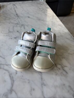 Ten Little Toddler Silver Velcro Sneakers with Teal Accent